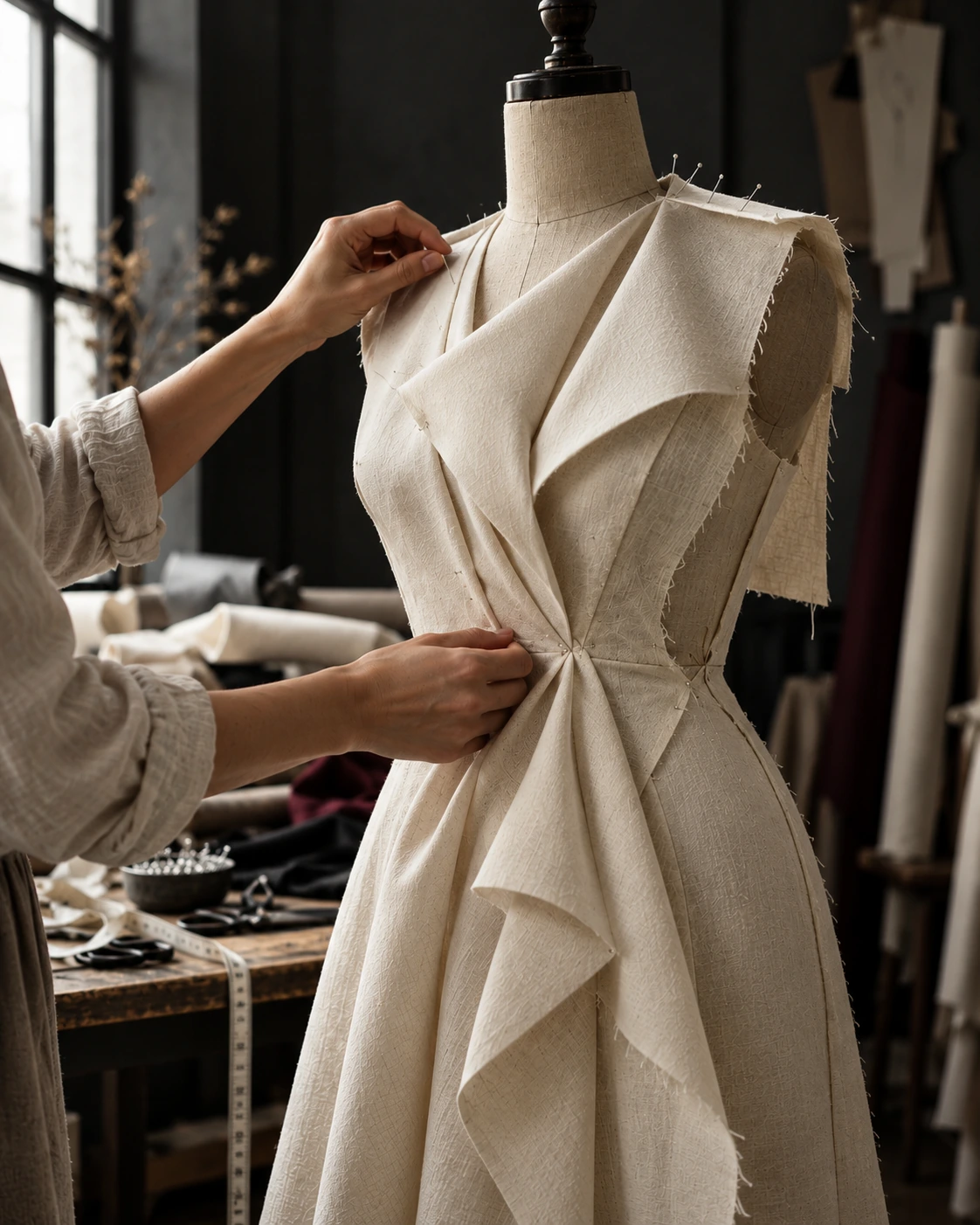 Draping and fitting study in the workroom.
