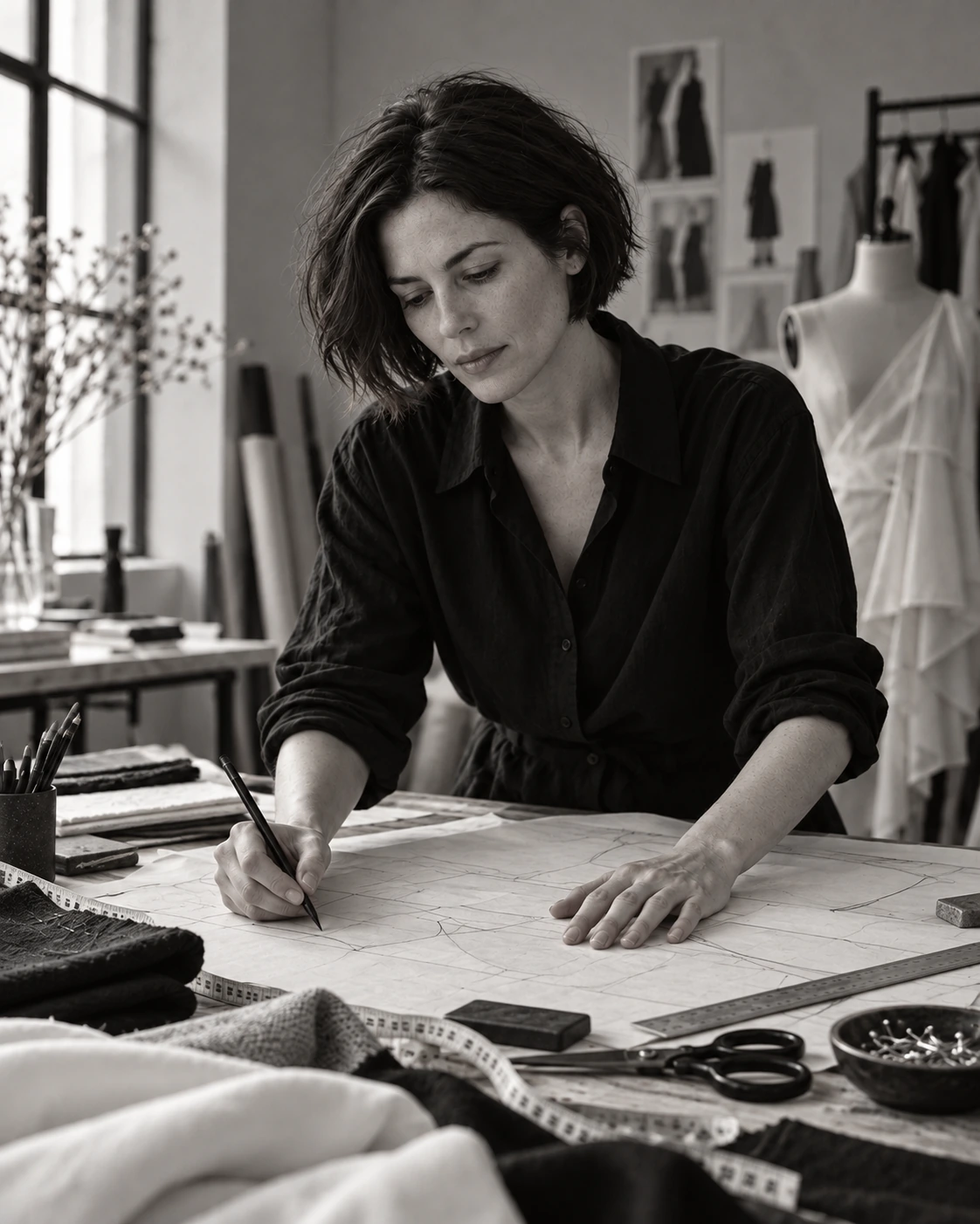 Élise sketching a garment pattern at her atelier table.