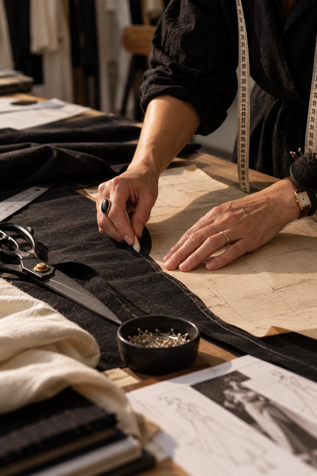 Hands working on a garment pattern at the atelier table.