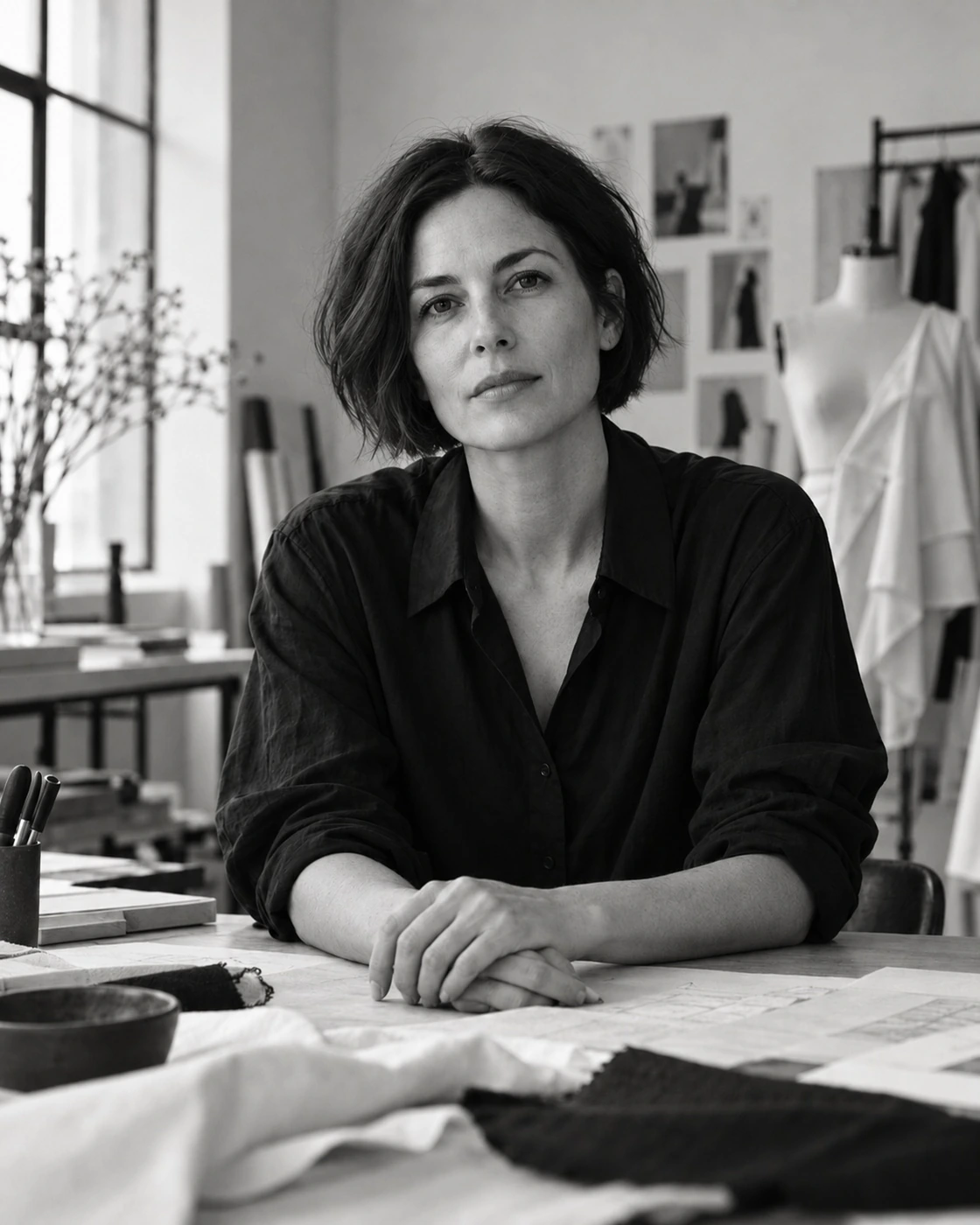Fictional designer Élise Moreau at a pattern-cutting table.