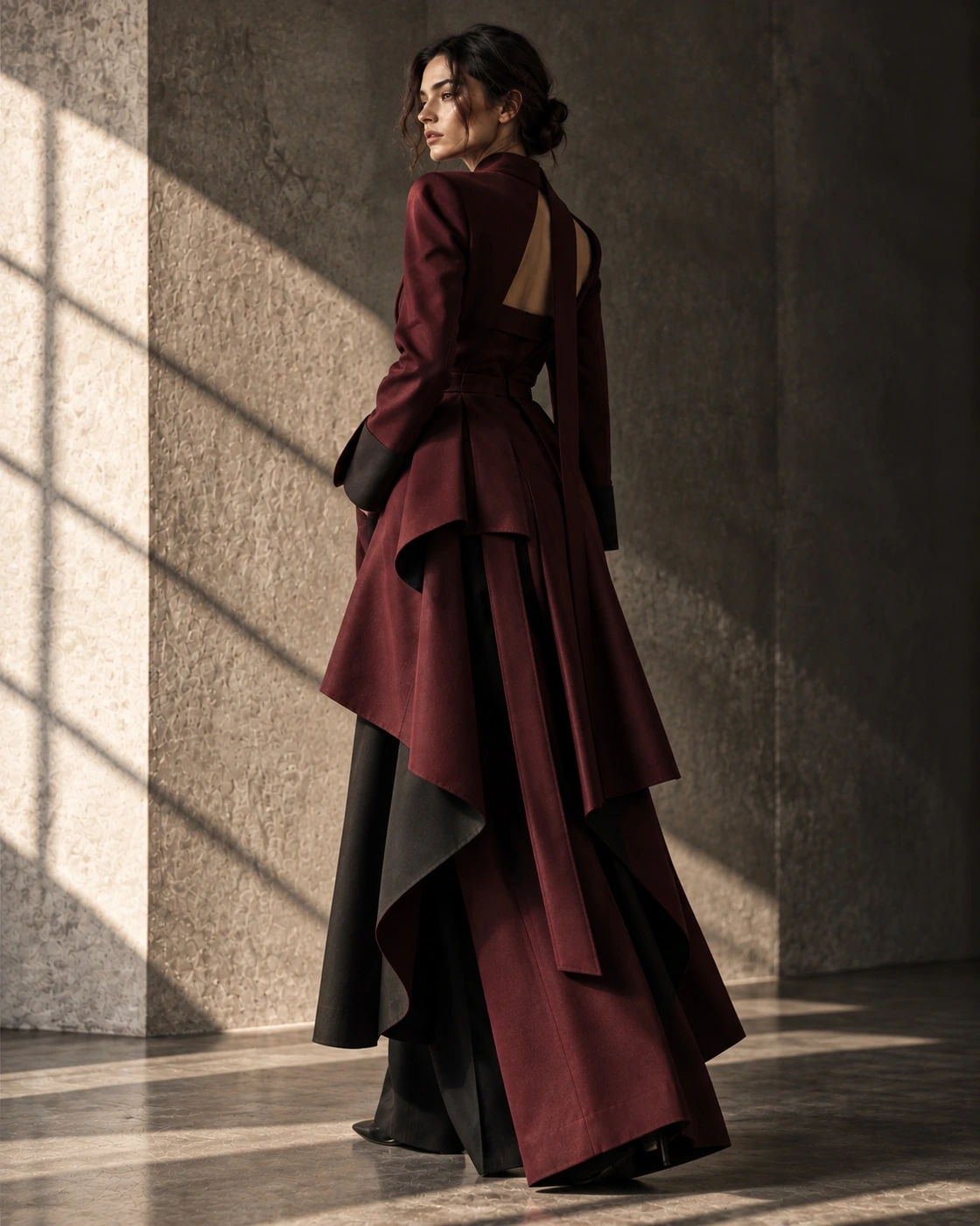 Burgundy and black sculptural tailoring, photographed from behind.