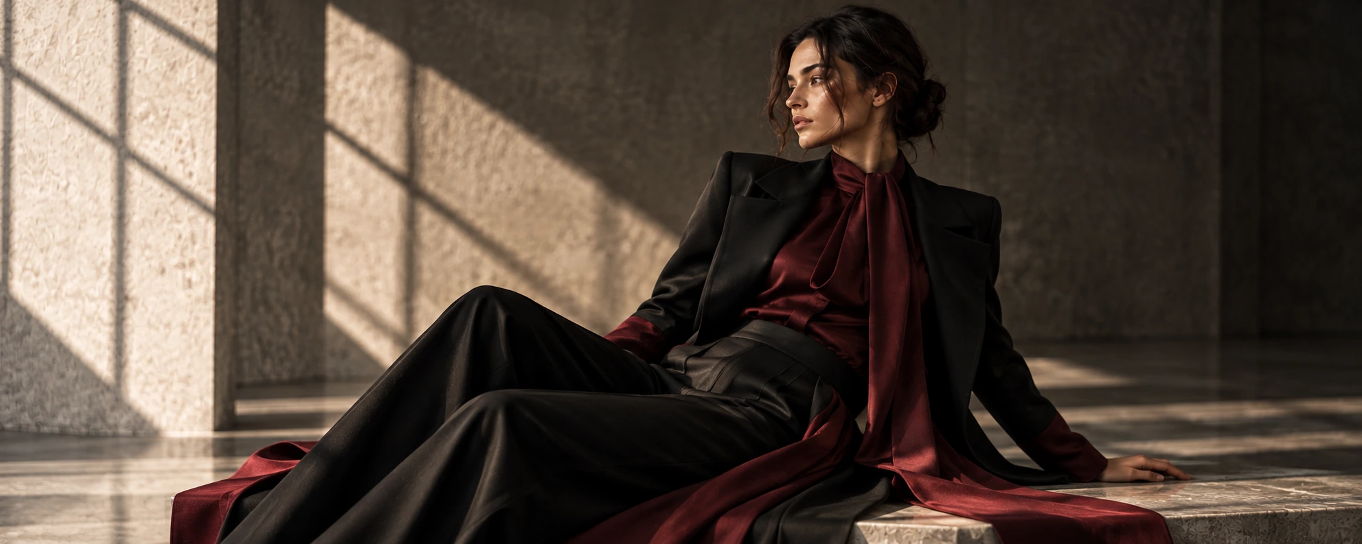 A model in sculptural black tailoring against charcoal concrete, with directional studio light.