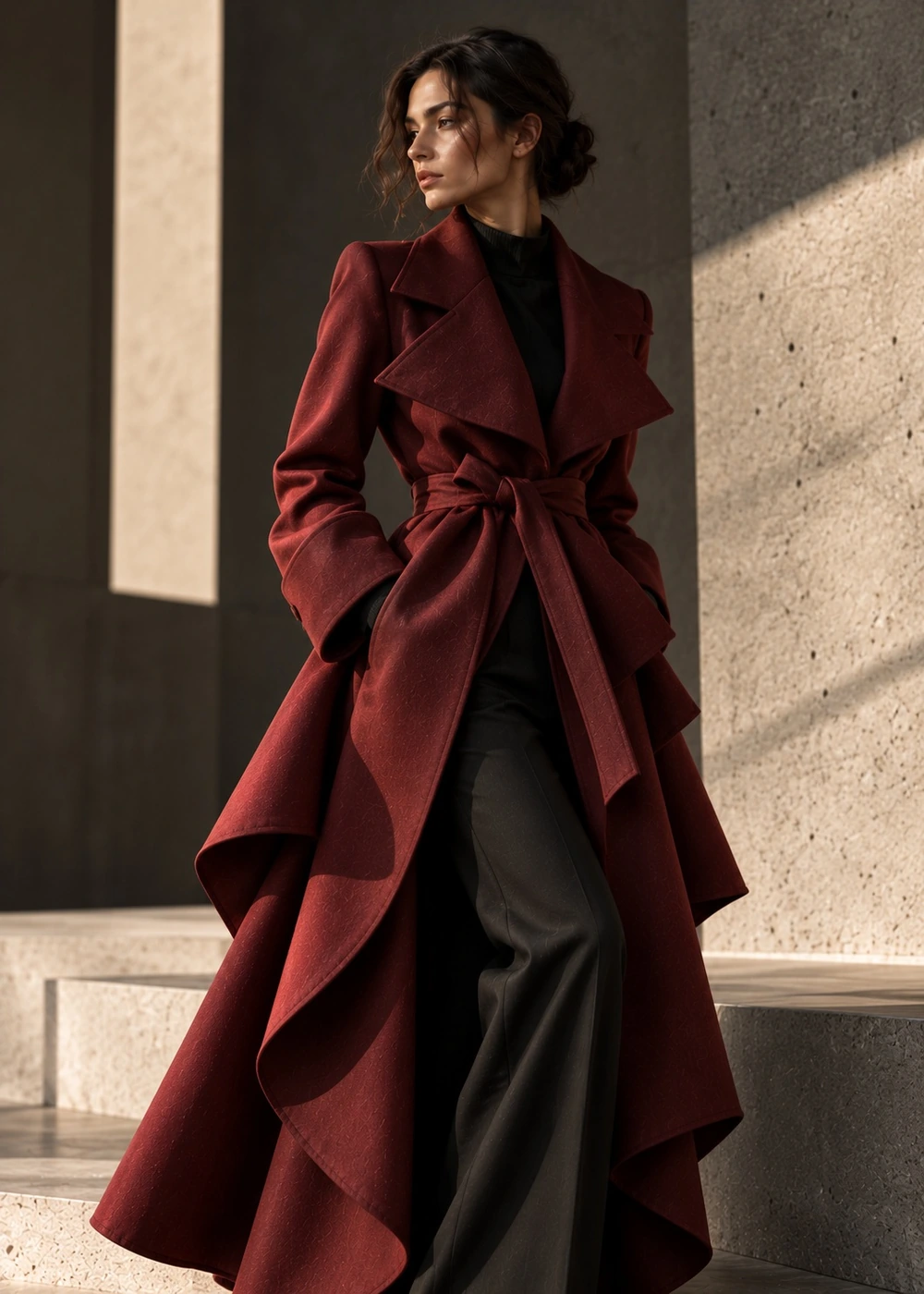 Oxblood coat with a structured shoulder and collar.