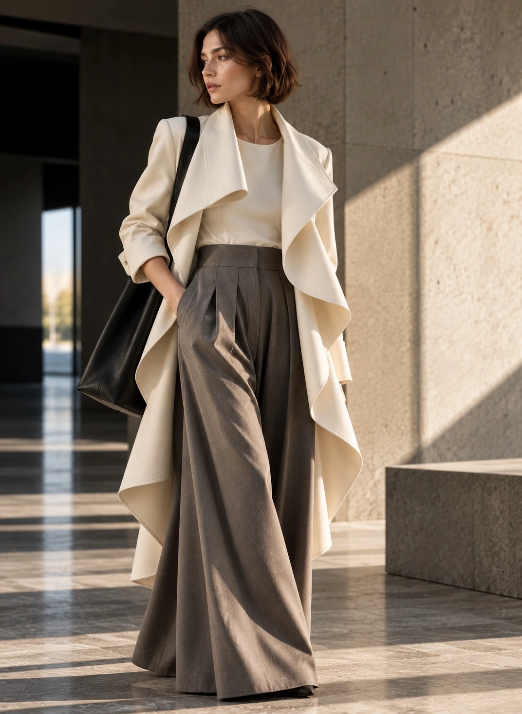 An ivory tailored ensemble with architectural pleats.