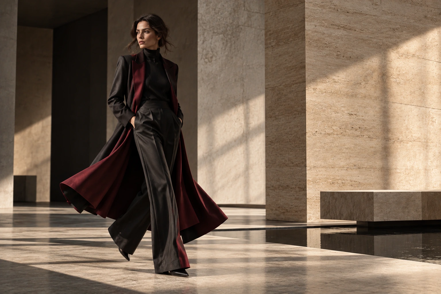 An architectural fashion campaign with dark tailoring and burgundy movement.