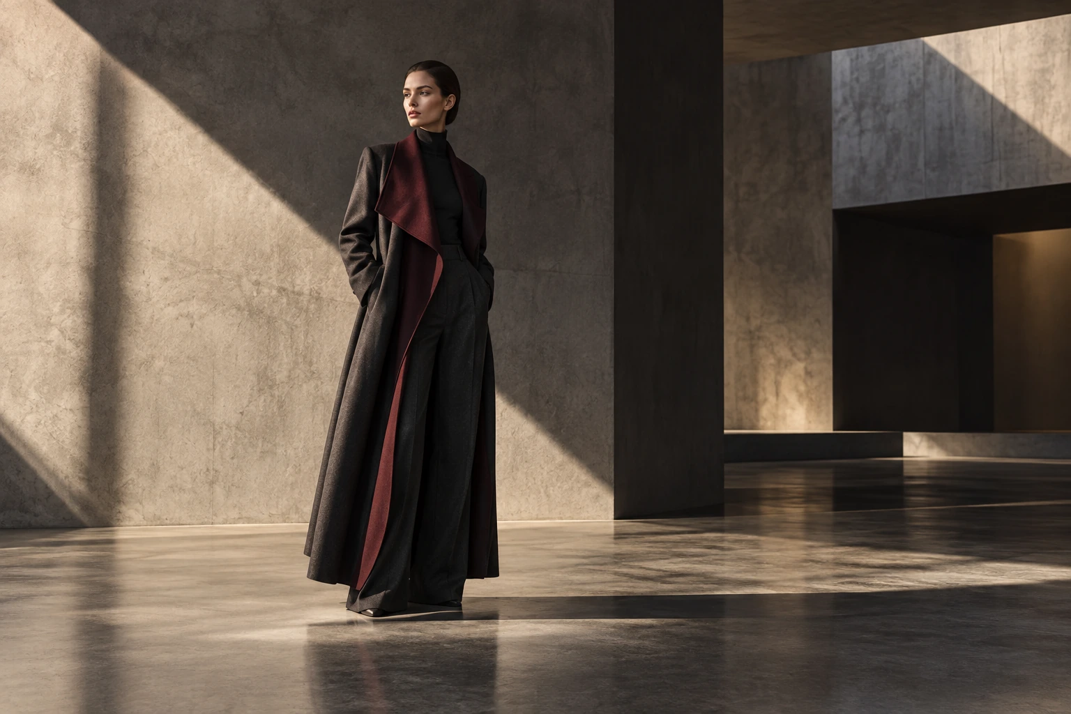 Dark tailoring and a burgundy lapel against cinematic concrete architecture.