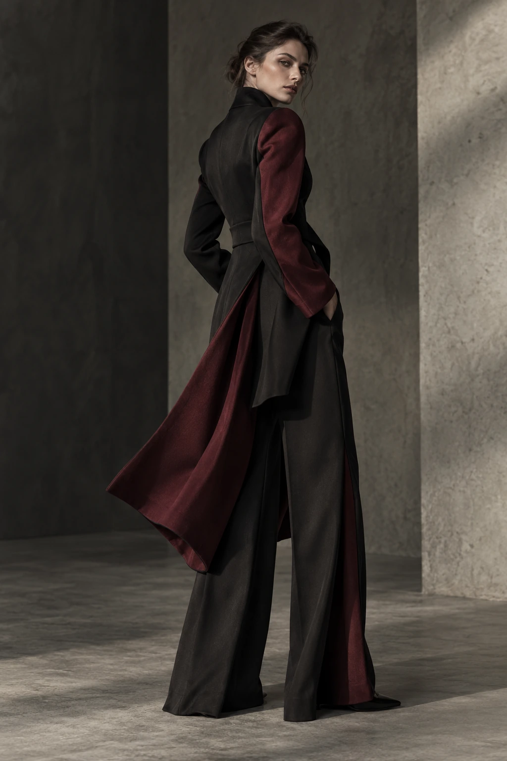 A three-quarter turn reveals a burgundy sleeve and the moving back panel of a dark tailored coat.
