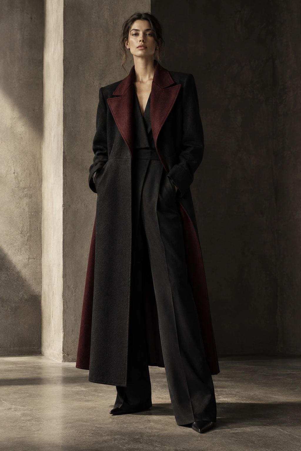 A still frontal silhouette in a long charcoal coat with burgundy lapels against a concrete wall.