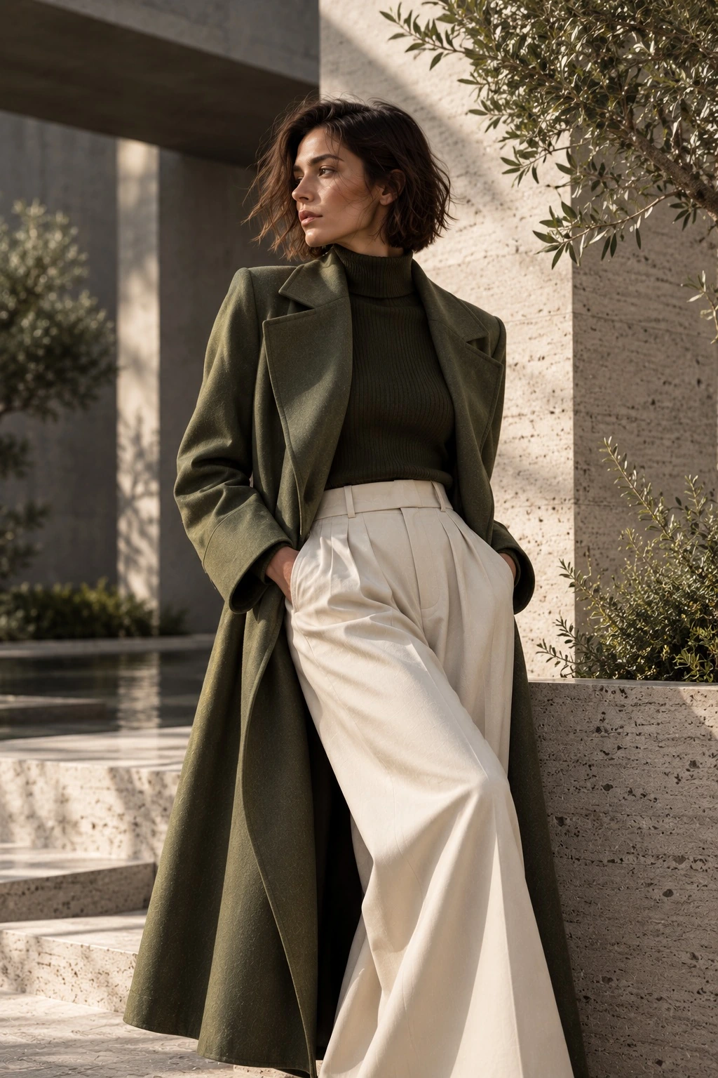 A long dark tailored coat in subdued green light.